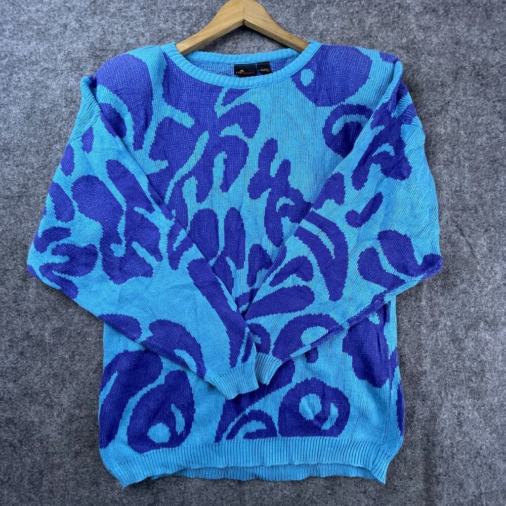 Vintage Liz Sport Sweater Womens Large Blue Abstract Statement 80s Artsy‎